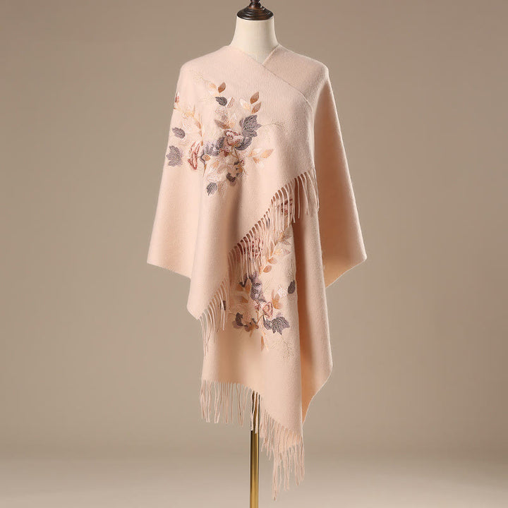 Buddha Stones Wool Shawl White Pink Flowers Golden Leaves Embroidery Tassel Winter Cozy Travel Scarf Wrap