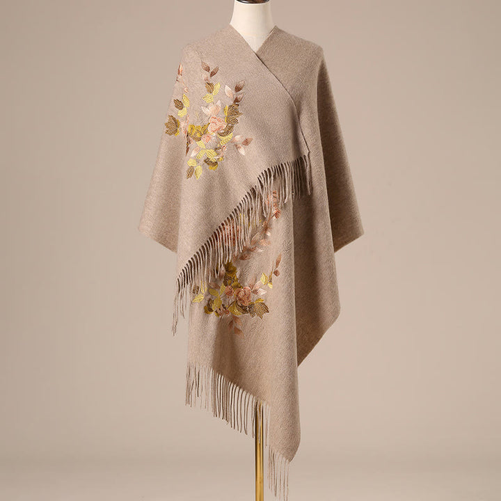 Buddha Stones Wool Shawl White Pink Flowers Golden Leaves Embroidery Tassel Winter Cozy Travel Scarf Wrap - Tan - 200*60cm - image 3