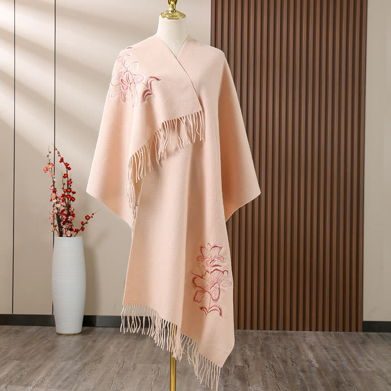 Buddha Stones Wool Shawl Lily Embroidery Tassel Winter Cozy Travel Scarf Wrap - PeachPuff - 200*60cm - image 2