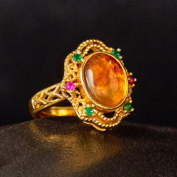 Buddha Stones Flower Amber Hollow Lace Confidence Adjustable Ring