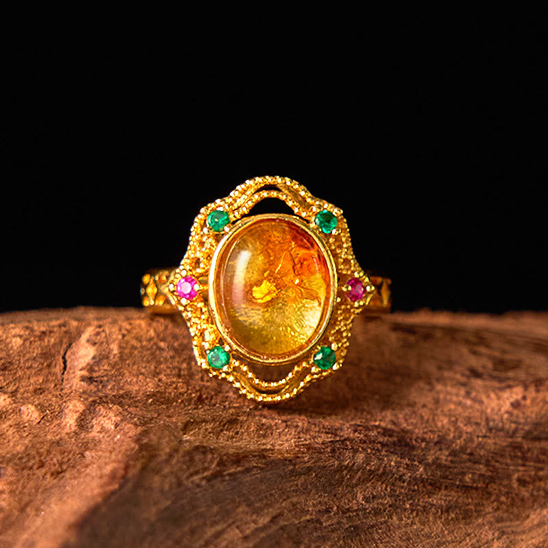 Buddha Stones Flower Amber Hollow Lace Confidence Adjustable Ring