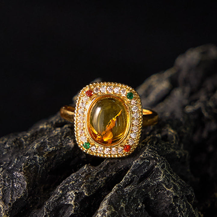 Buddha Stones Natural Amber Flower Square Support Full Diamond Confidence Ring