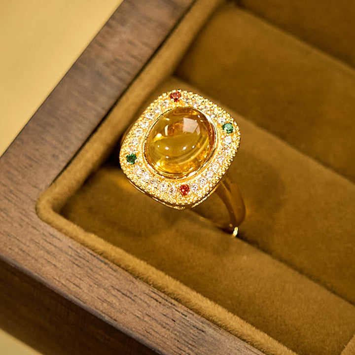 Buddha Stones Natural Amber Flower Square Support Full Diamond Confidence Ring