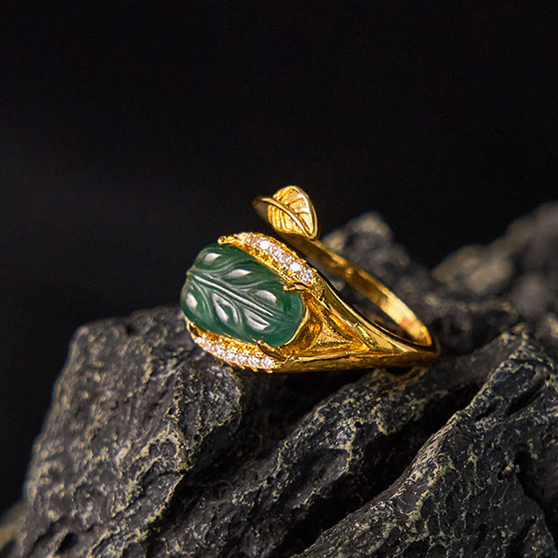 Buddha Stones Copper Plated Gold Natural Jade Leaf Prosperity Adjustable Ring