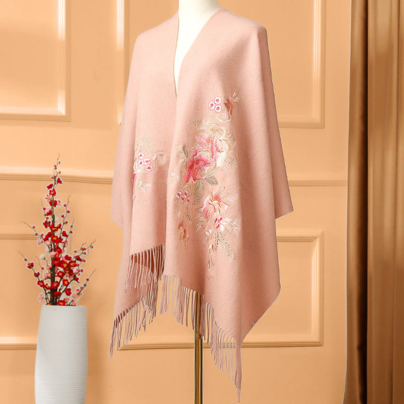 Buddha Stones Wool Shawl Red Flower Leaves Embroidery Tassel Winter Cozy Travel Scarf Wrap