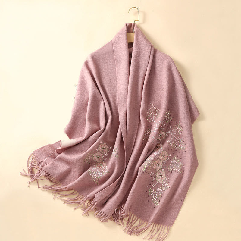 Buddha Stones Wool Shawl Dahlia Embroidery Tassel Winter Cozy Travel Scarf Wrap