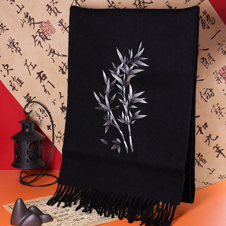 Buddha Stones Wool Shawl Bamboo Leaf Embroidery Tassel Winter Cozy Travel Scarf Wrap