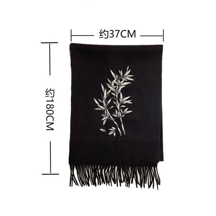 Buddha Stones Wool Shawl Bamboo Leaf Embroidery Tassel Winter Cozy Travel Scarf Wrap