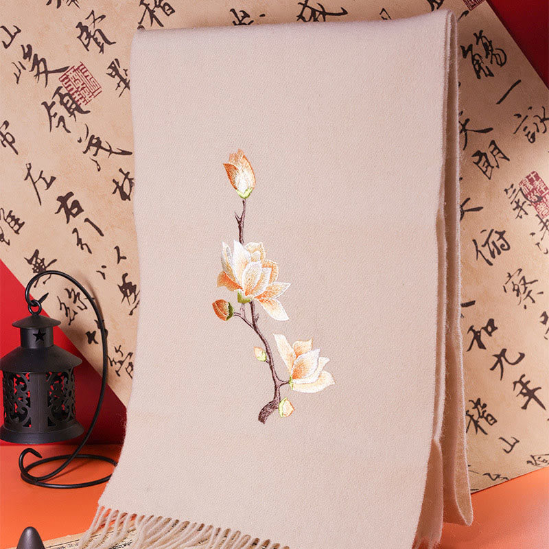 Buddha Stones Wool Shawl Yulan Magnolia Embroidery Tassel Winter Cozy Travel Scarf Wrap - 180*37cm - image 0