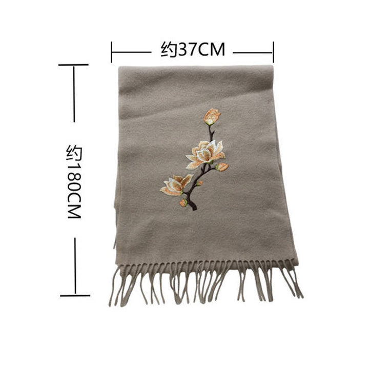 Buddha Stones Wool Shawl Yulan Magnolia Embroidery Tassel Winter Cozy Travel Scarf Wrap