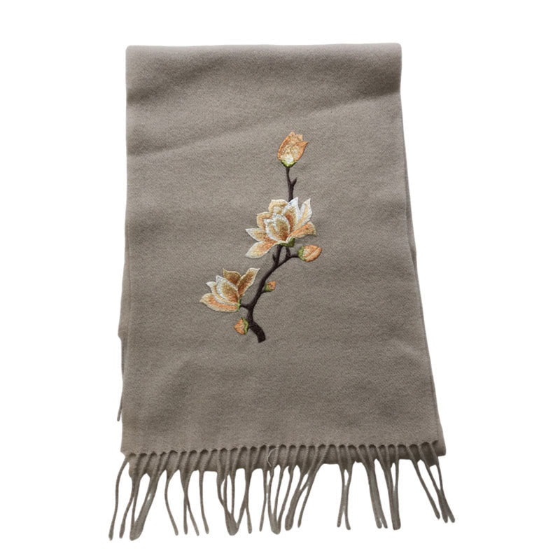 Buddha Stones Wool Shawl Yulan Magnolia Embroidery Tassel Winter Cozy Travel Scarf Wrap - image 6