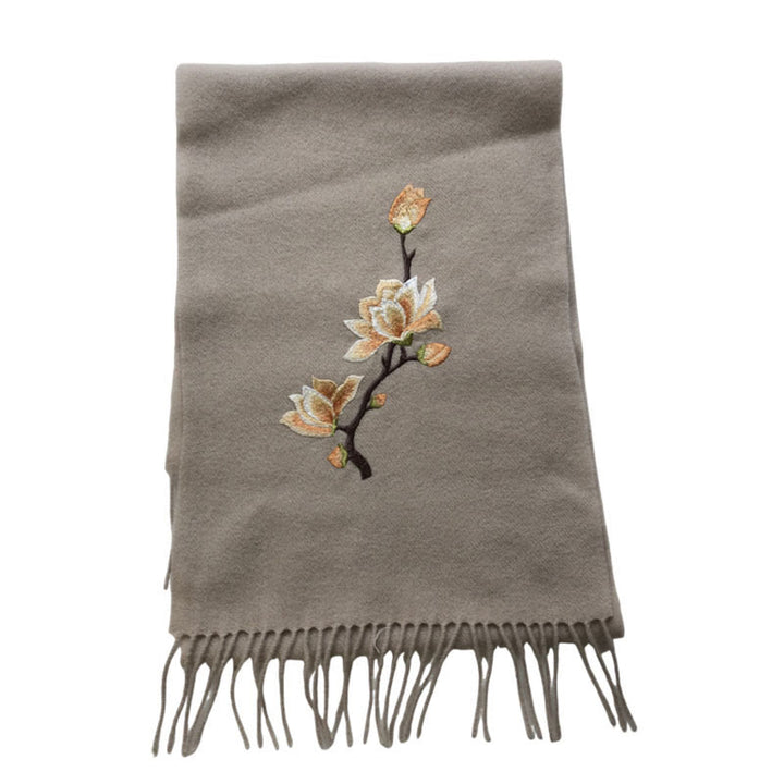Buddha Stones Wool Shawl Yulan Magnolia Embroidery Tassel Winter Cozy Travel Scarf Wrap - image 6