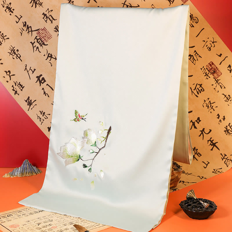 Buddha Stones Polyester Shawl Yulan Butterfly Bamboo Magpie Suzhou Embroidery Winter Cozy Travel Scarf Wrap - Linen Green Yulan Butterfly 183*32cm - image 0