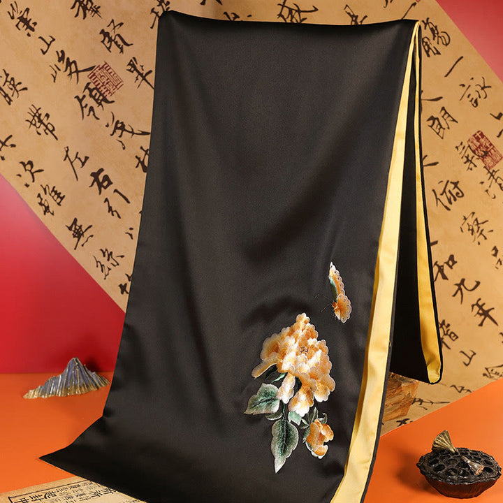 Buddha Stones Polyester Shawl Yulan Butterfly Bamboo Magpie Suzhou Embroidery Winter Cozy Travel Scarf Wrap - Black Peony 183*32cm - image 14