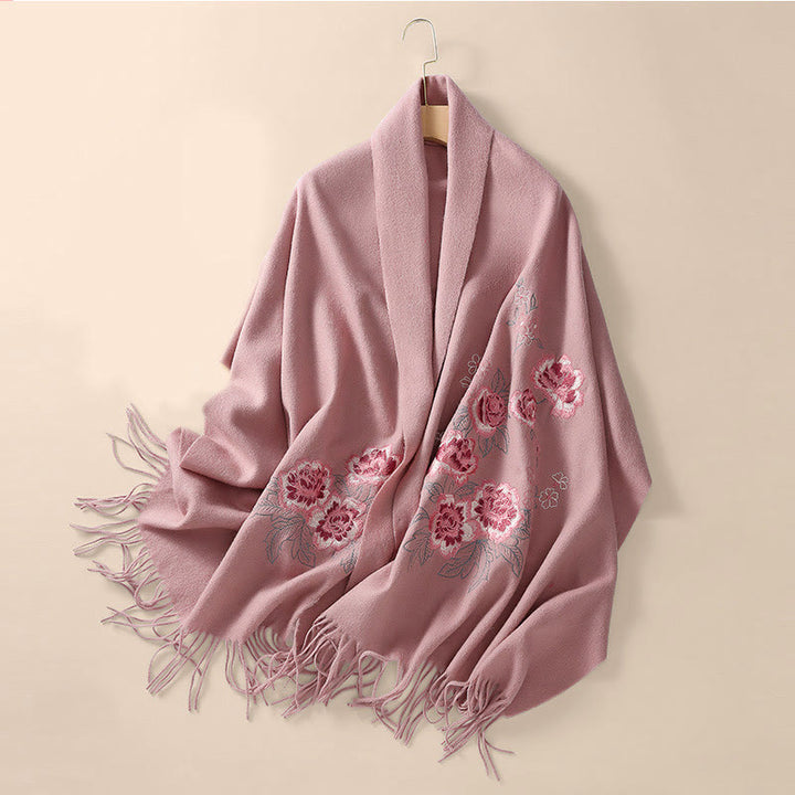 Buddha Stones Wool Shawl Red Peony Embroidery Tassel Winter Cozy Travel Scarf Wrap - image 8