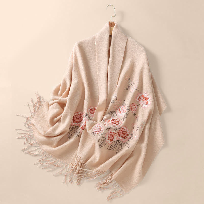 Buddha Stones Wool Shawl Red Peony Embroidery Tassel Winter Cozy Travel Scarf Wrap - image 11