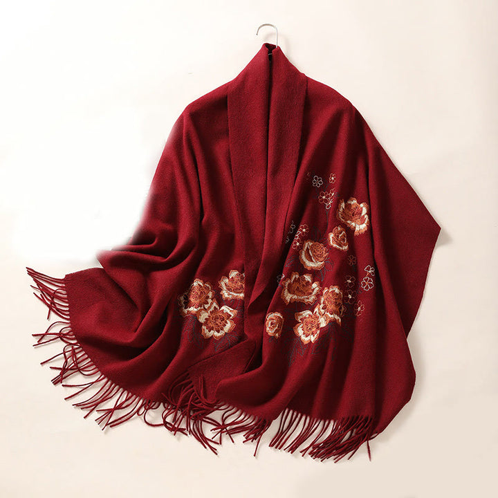 Buddha Stones Wool Shawl Red Peony Embroidery Tassel Winter Cozy Travel Scarf Wrap