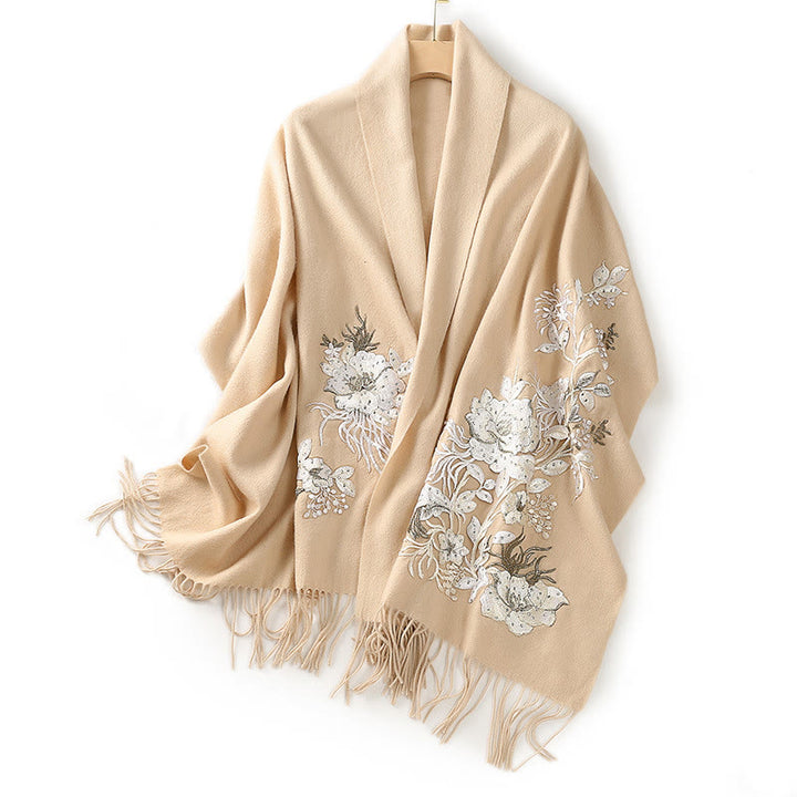 Buddha Stones Wool Shawl White Orange Flower Embroidery Tassel Winter Cozy Travel Scarf Wrap