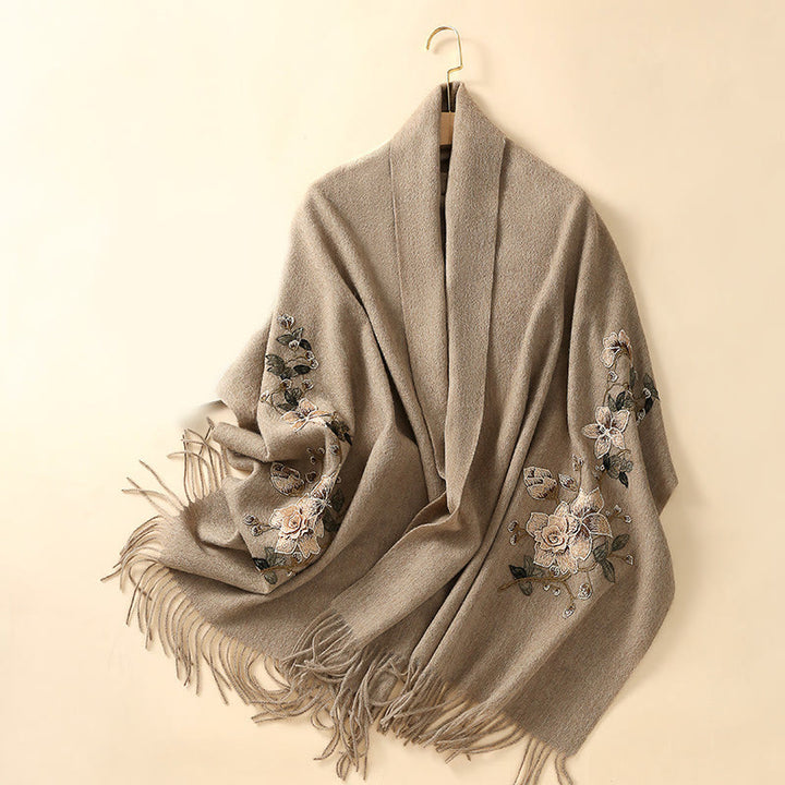 Buddha Stones Wool Shawl White Orange Flower Embroidery Tassel Winter Cozy Travel Scarf Wrap