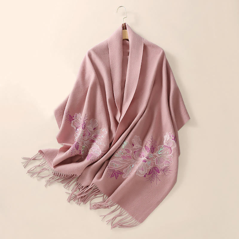Buddha Stones Wool Shawl Flower Sequin Embroidery Tassel Winter Cozy Travel Scarf Wrap - image 4