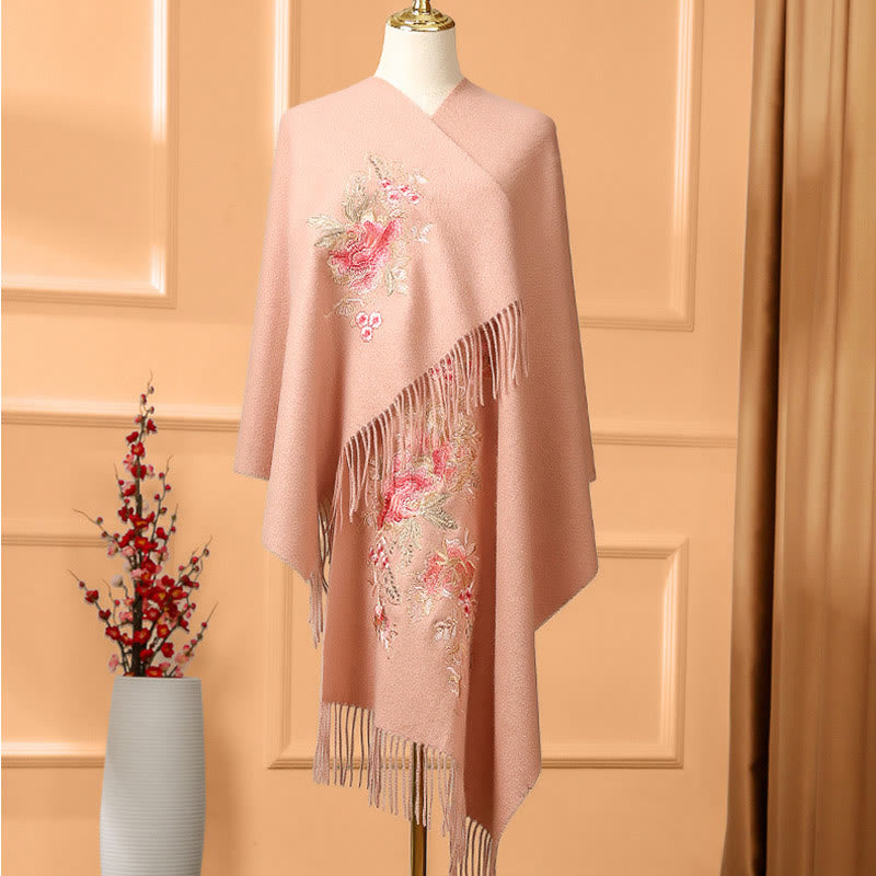 Buddha Stones Wool Shawl Red Pink Flower Embroidery Tassel Winter Cozy Travel Scarf Wrap