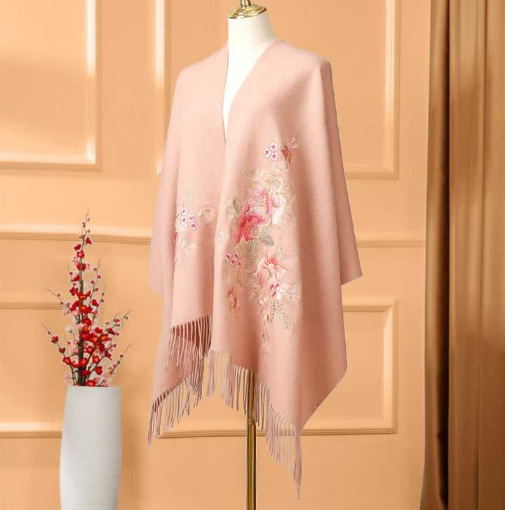 Buddha Stones Wool Shawl Red Pink Flower Embroidery Tassel Winter Cozy Travel Scarf Wrap