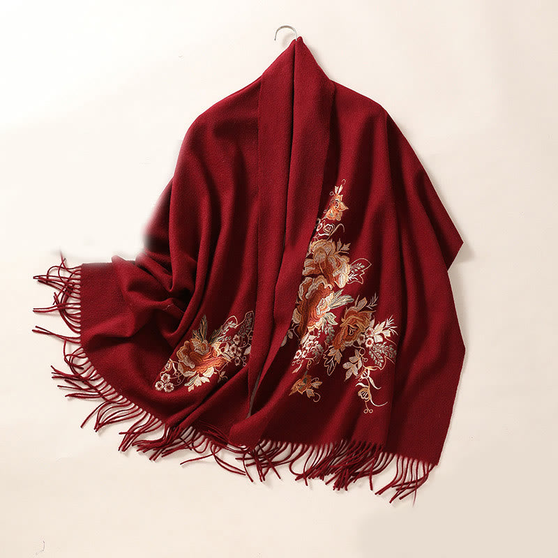 Buddha Stones Wool Shawl Red Pink Flower Embroidery Tassel Winter Cozy Travel Scarf Wrap