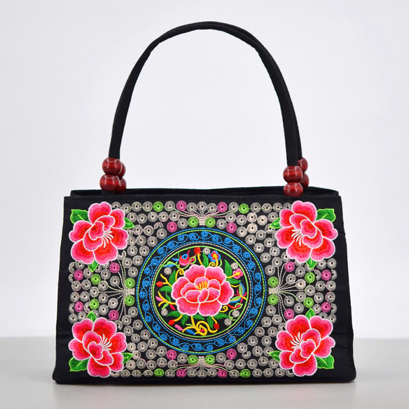 Buddha Stones Galsang Inula Flower Peony Peacock Double-Sided Embroidery Canvas Shopping Purse Handbag