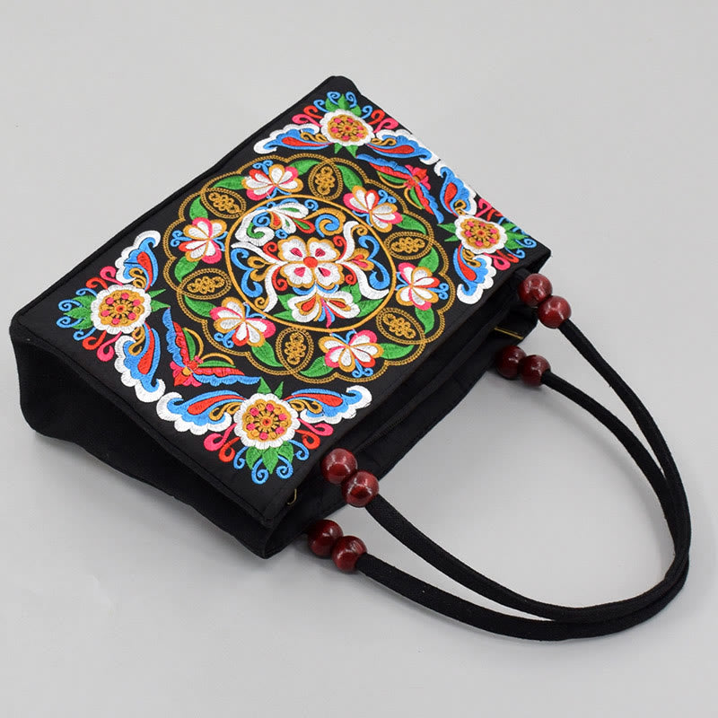 Buddha Stones Galsang Inula Flower Peony Peacock Double-Sided Embroidery Canvas Shopping Purse Handbag