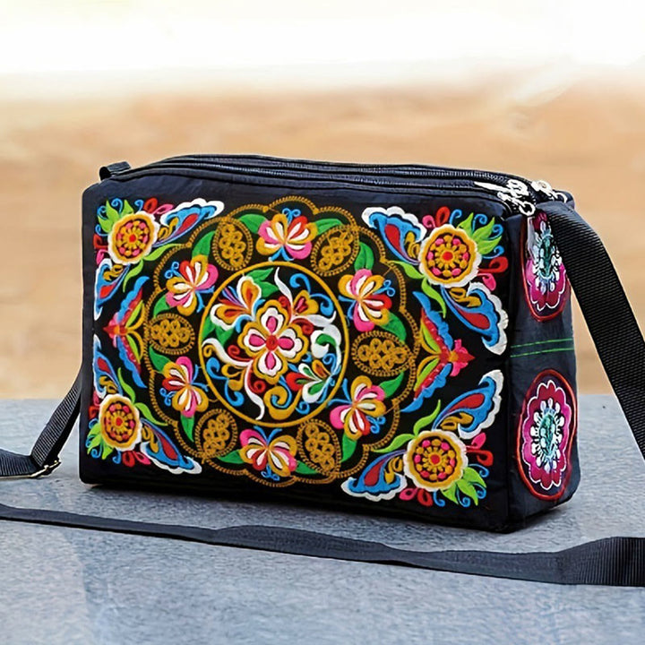 Buddha Stones Galsang Inula Flower Peony Peacock Double-Sided Embroidery Canvas Shopping Purse Handbag Crossbody Bag