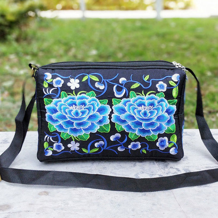 Buddha Stones Galsang Inula Flower Peony Peacock Double-Sided Embroidery Canvas Shopping Purse Handbag Crossbody Bag