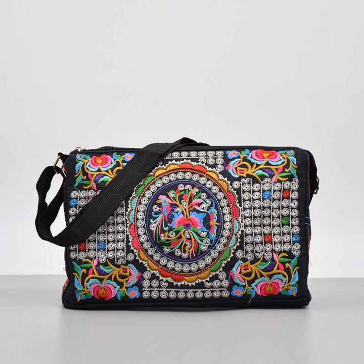 Buddha Stones Galsang Inula Flower Peony Peacock Double-Sided Embroidery Canvas Shopping Purse Handbag Crossbody Bag