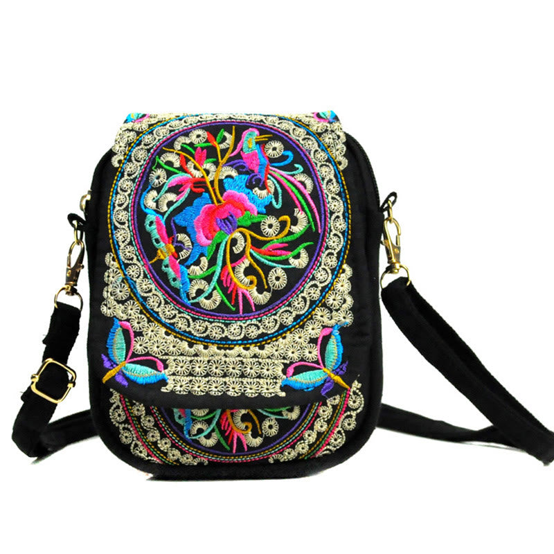 Buddha Stones Inula Flower Peony Embroidery Canvas Shopping Purse Handbag Crossbody Bag