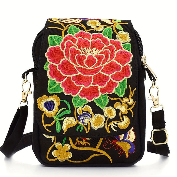 Buddha Stones Inula Flower Peony Embroidery Canvas Shopping Purse Handbag Crossbody Bag