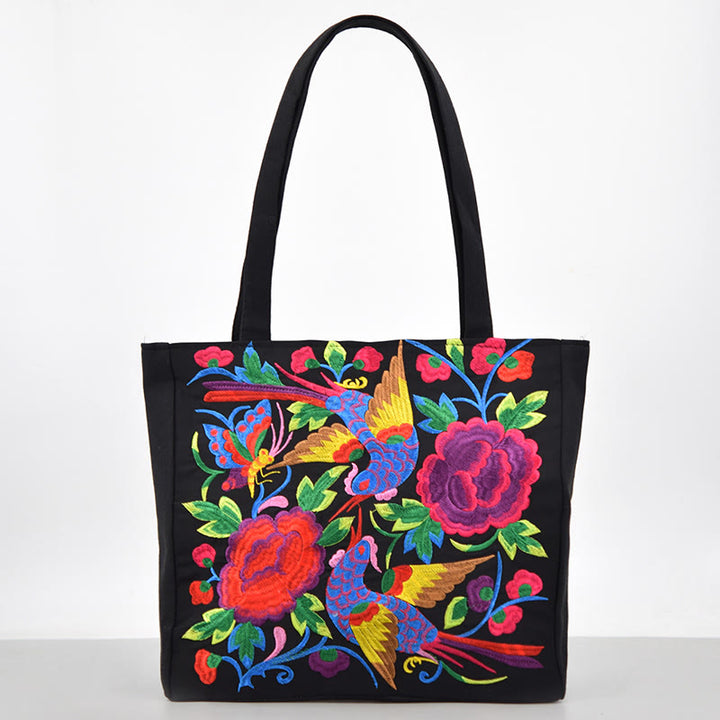 Buddha Stones Galsang Magpie Peony Camellia Chrysanthemum Embroidery Canvas Shopping Purse Handbag Shoulder Bag