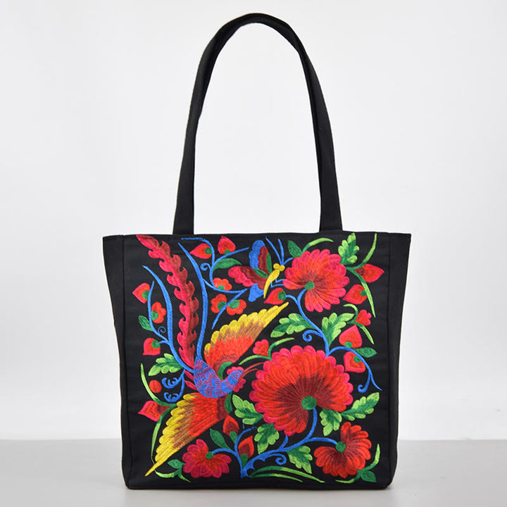 Buddha Stones Galsang Magpie Peony Camellia Chrysanthemum Embroidery Canvas Shopping Purse Handbag Shoulder Bag