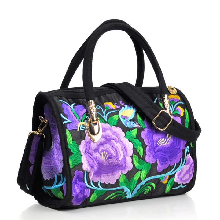 Buddha Stones Money Tree Peony Camellia Double-Sided Embroidery Canvas Shopping Purse Handbag Crossbody Bag