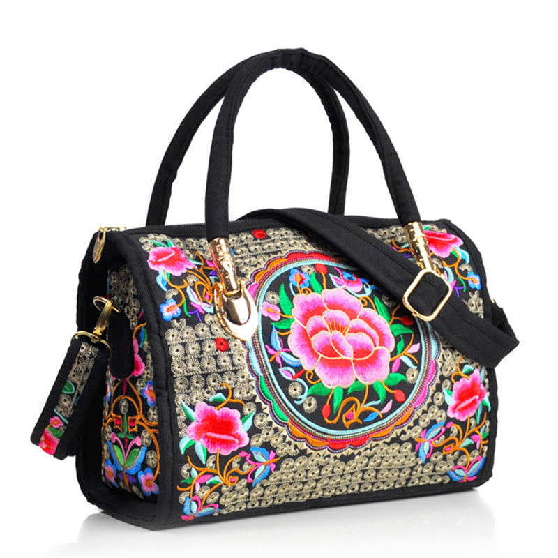 Buddha Stones Money Tree Peony Camellia Double-Sided Embroidery Canvas Shopping Purse Handbag Crossbody Bag