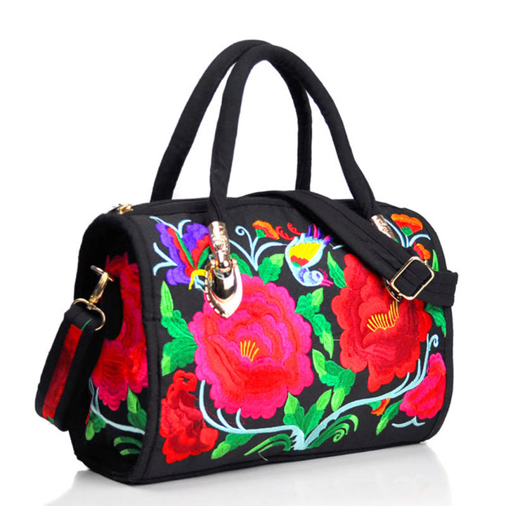 Buddha Stones Money Tree Peony Camellia Double-Sided Embroidery Canvas Shopping Purse Handbag Crossbody Bag