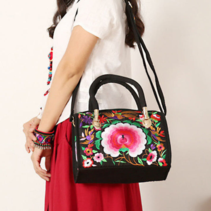 Buddha Stones Money Tree Peony Camellia Double-Sided Embroidery Canvas Shopping Purse Handbag Crossbody Bag