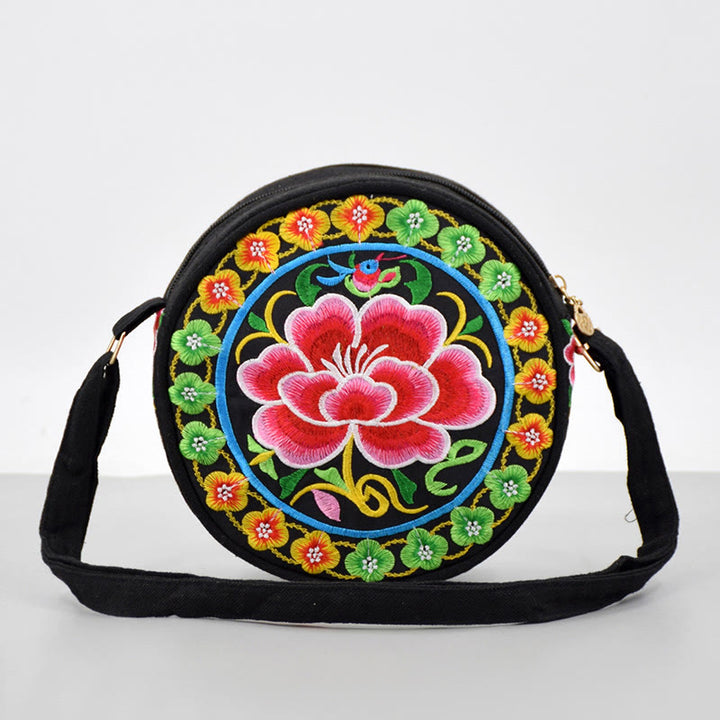 Buddha Stones Money Tree Galsang Inula Flower Peony Rose Peacock Double-Sided Embroidery Canvas Shopping Purse Handbag Crossbody Bag