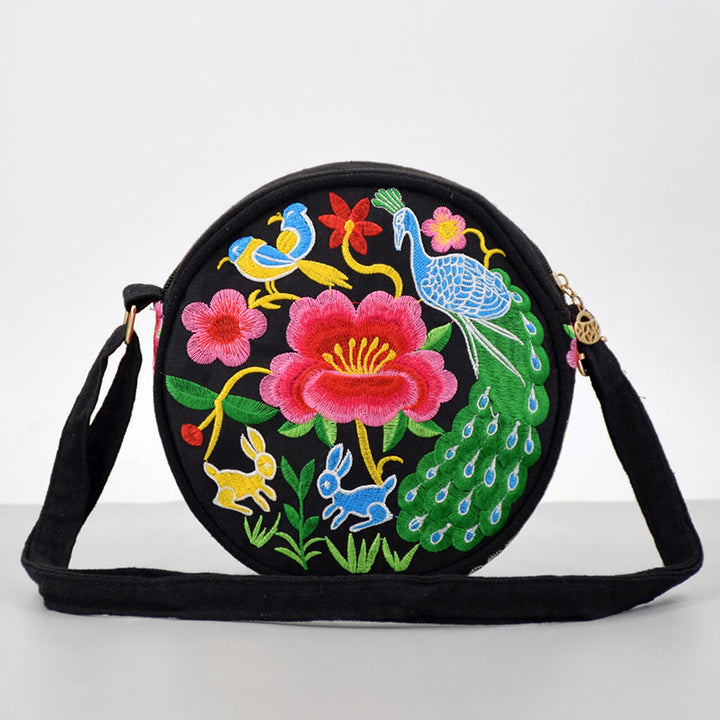 Buddha Stones Money Tree Galsang Inula Flower Peony Rose Peacock Double-Sided Embroidery Canvas Shopping Purse Handbag Crossbody Bag