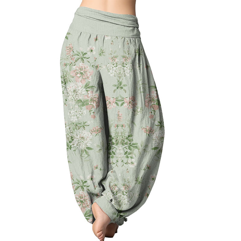 Buddha Stones Retro Flowers Women's Elastic Waist Harem Pants