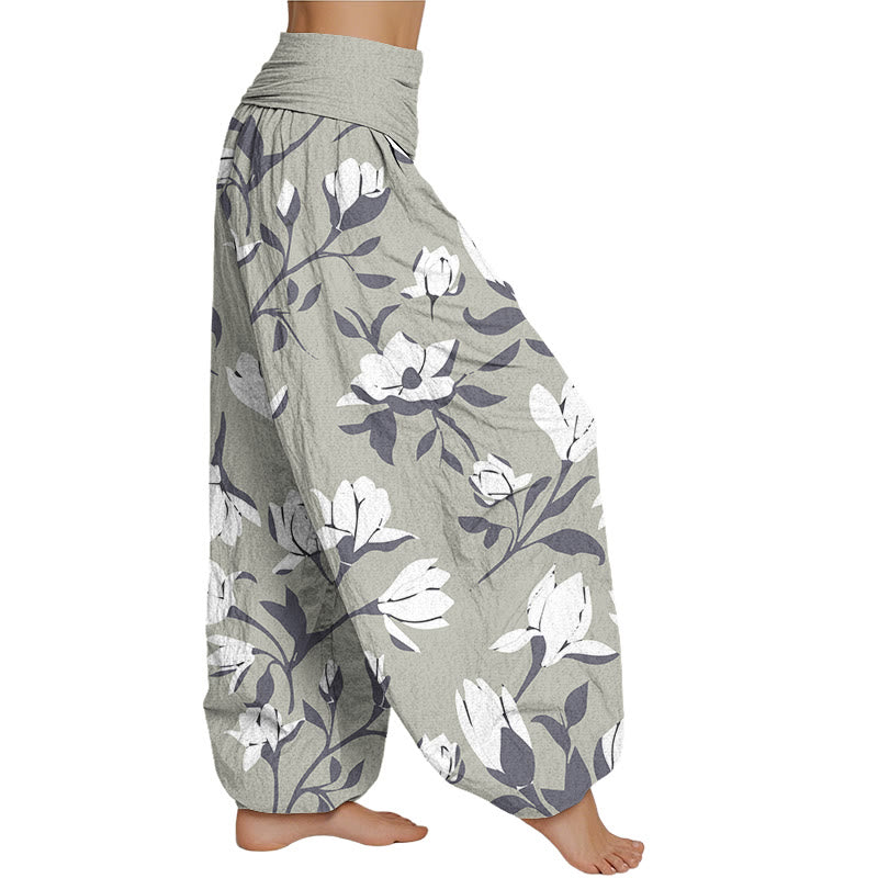 Buddha Stones Retro Magnolia Flowers Women's Elastic Waist Harem Pants