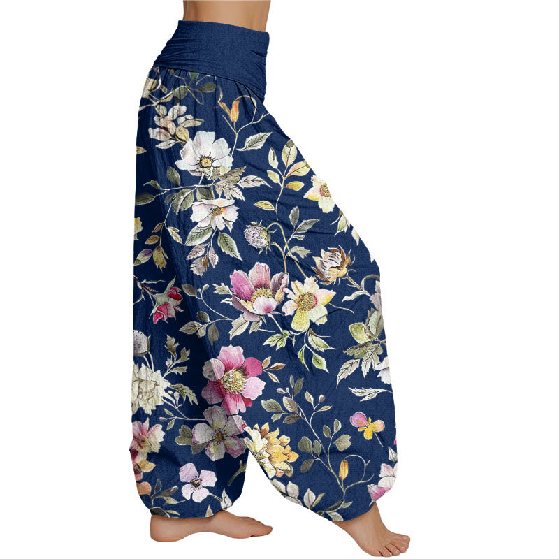 Buddha Stones Elegant Flower Design Women's Elastic Waist Harem Pants