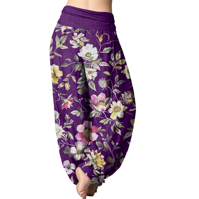 Buddha Stones Elegant Flower Design Women's Elastic Waist Harem Pants