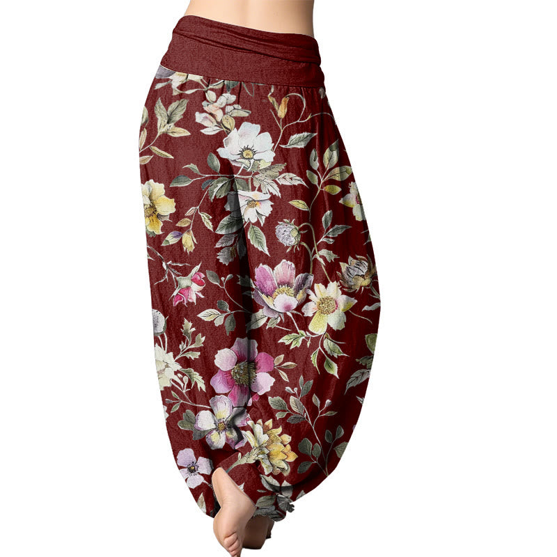 Buddha Stones Elegant Flower Design Women's Elastic Waist Harem Pants