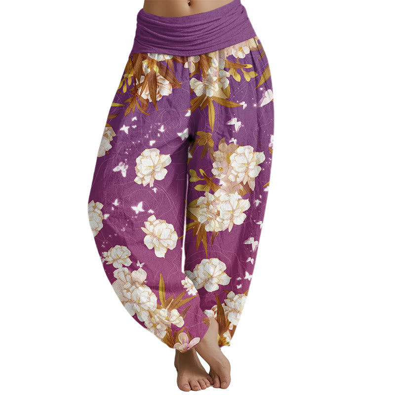 Buddha Stones Casual White Flowers Women's Elastic Waist Harem Pants