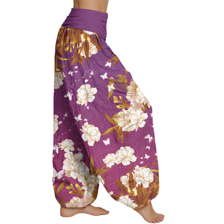 Buddha Stones Casual White Flowers Women's Elastic Waist Harem Pants