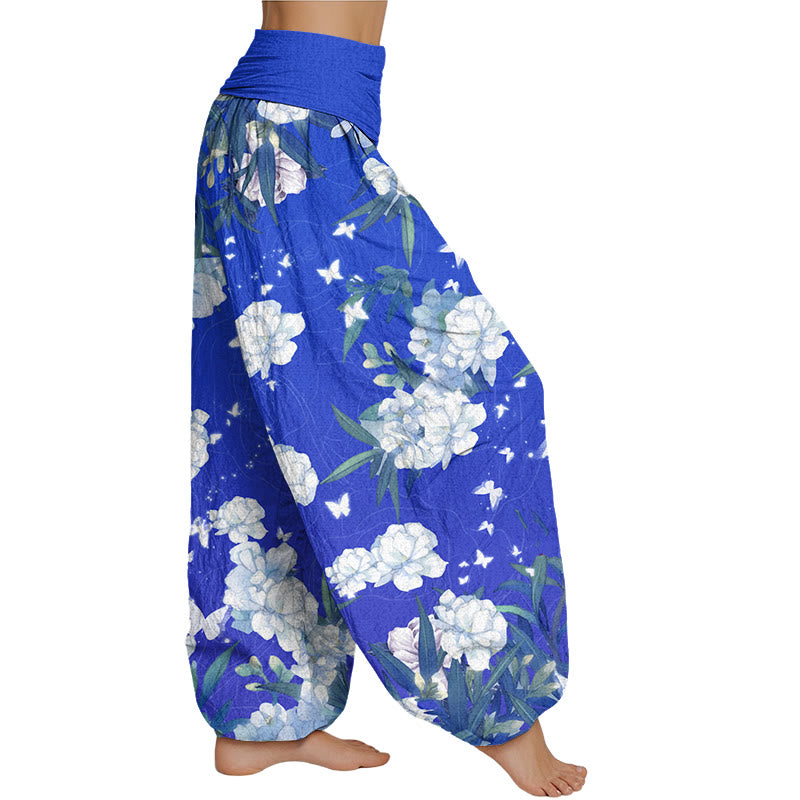 Buddha Stones Casual White Flowers Women's Elastic Waist Harem Pants